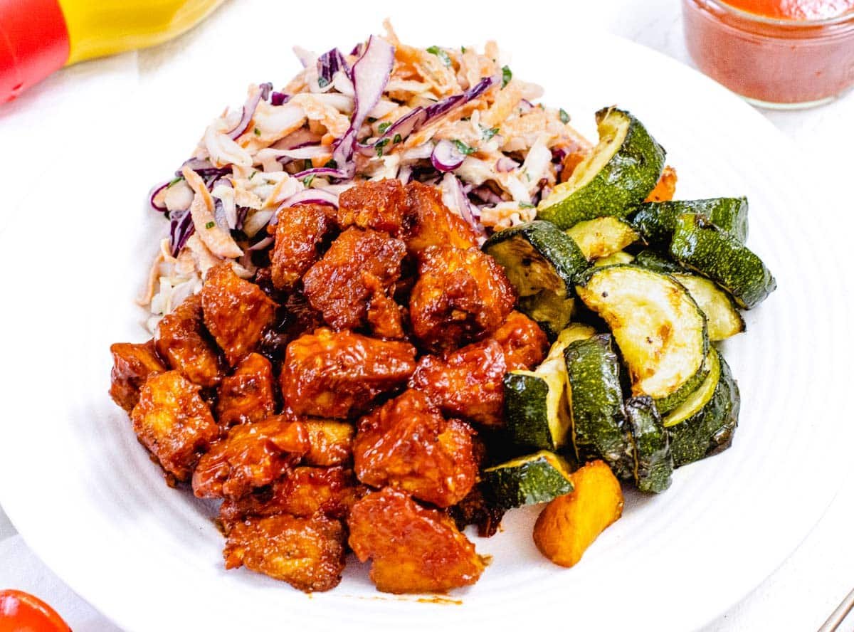 BBQ tofu with coleslaw and air fryer vegetables