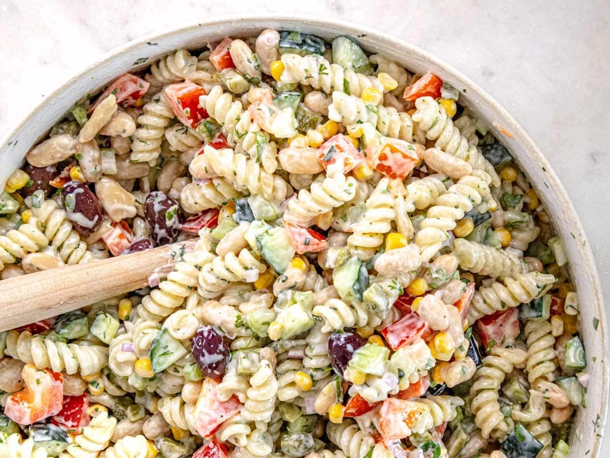 Creamy pasta salad after mixing the ingredients