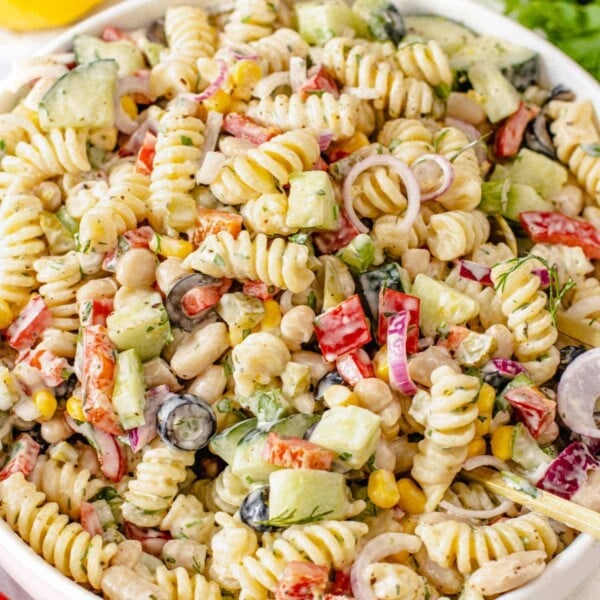 Creamy pasta salad with mayo and olives