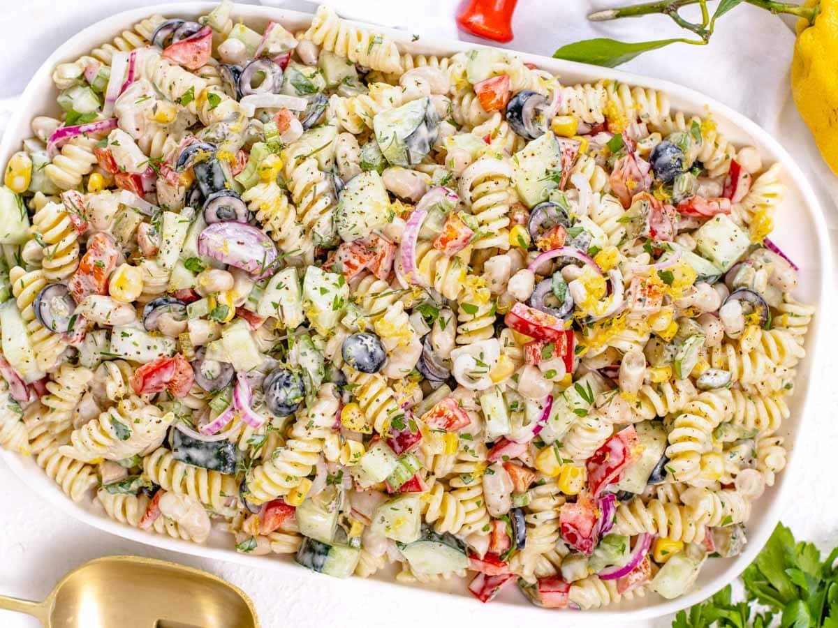 Creamy pasta salad with mayo and parsley