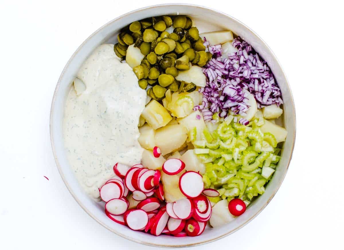 potato salad ingredients in a bowl