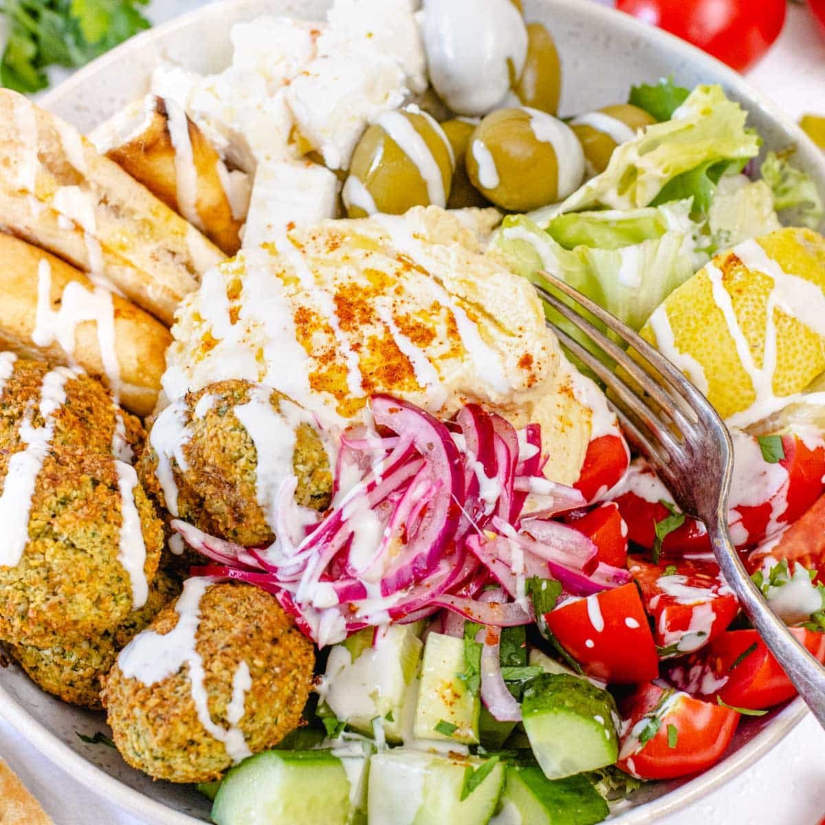 Middle Eastern bowl with falafel.
