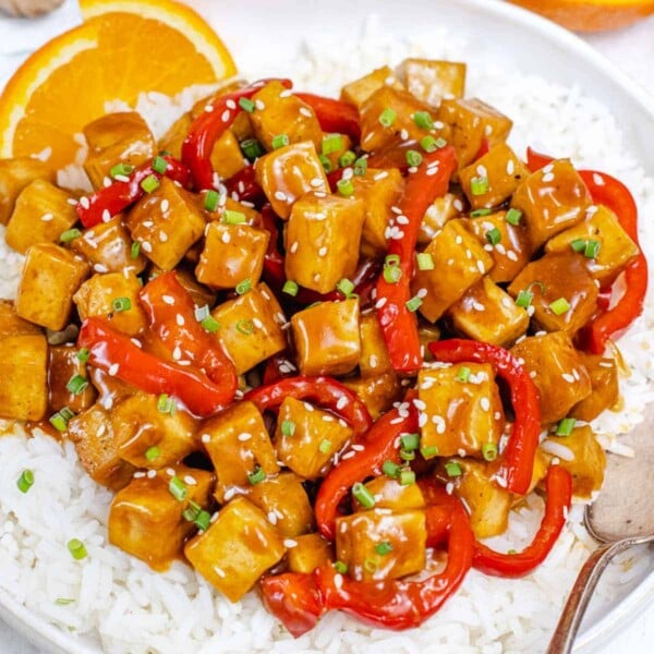 Orange tofu on rice