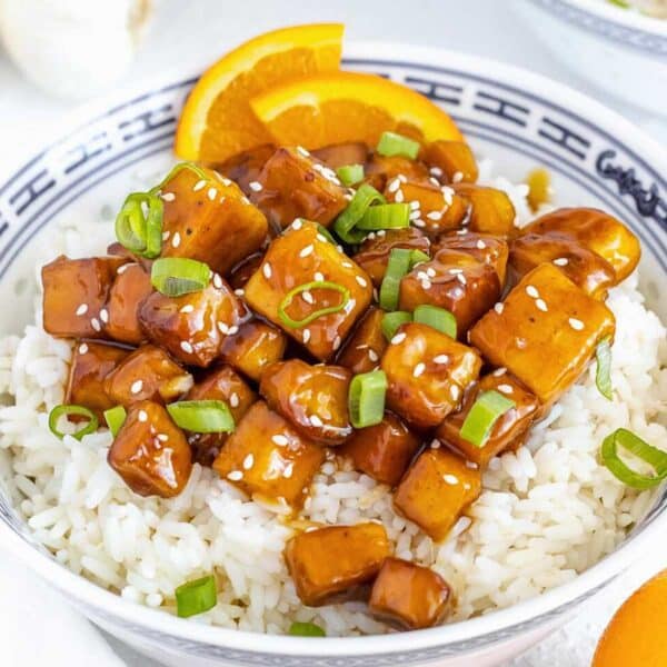 Orange tofu with basmati rice.