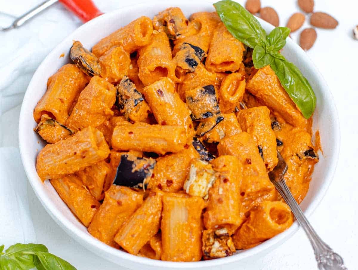 Red Pepper Pasta with roasted eggplant