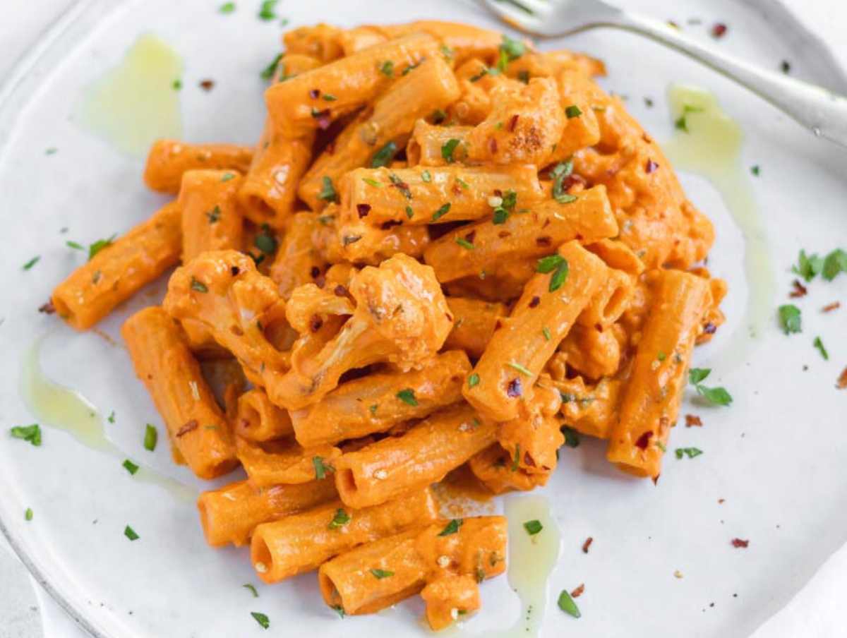 Creamy red pepper pasta on a plate