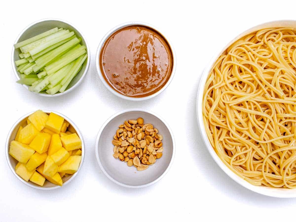 Ingredients for sesame noodles with mango and cucumber