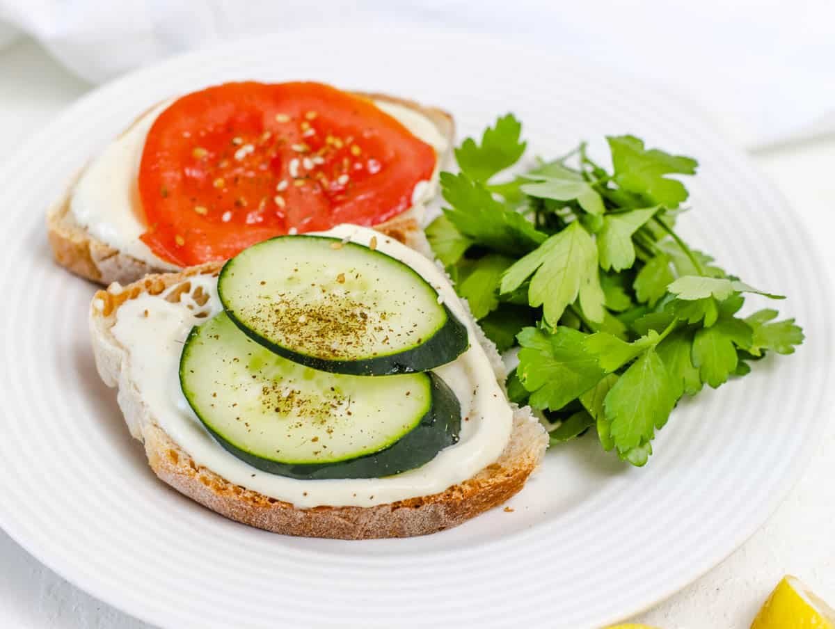 Vegan mayo on toast with cucumber