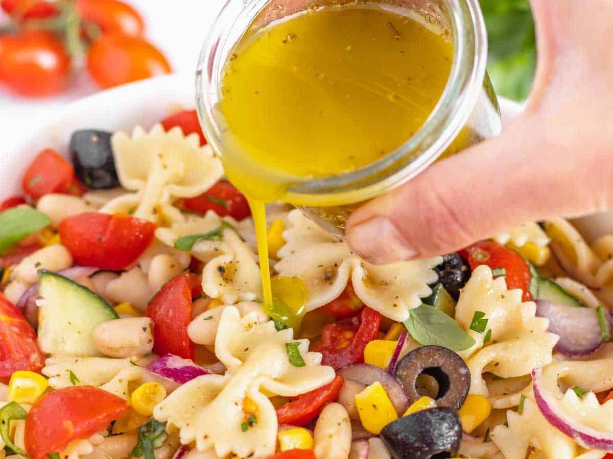 Vegan pasta salad with beans and Italian dressing