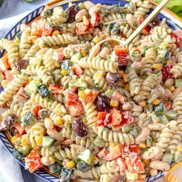 creamy pasta salad with olives and bell peppers