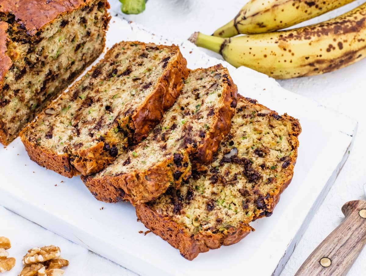 Banana zucchini bread on a cutting board