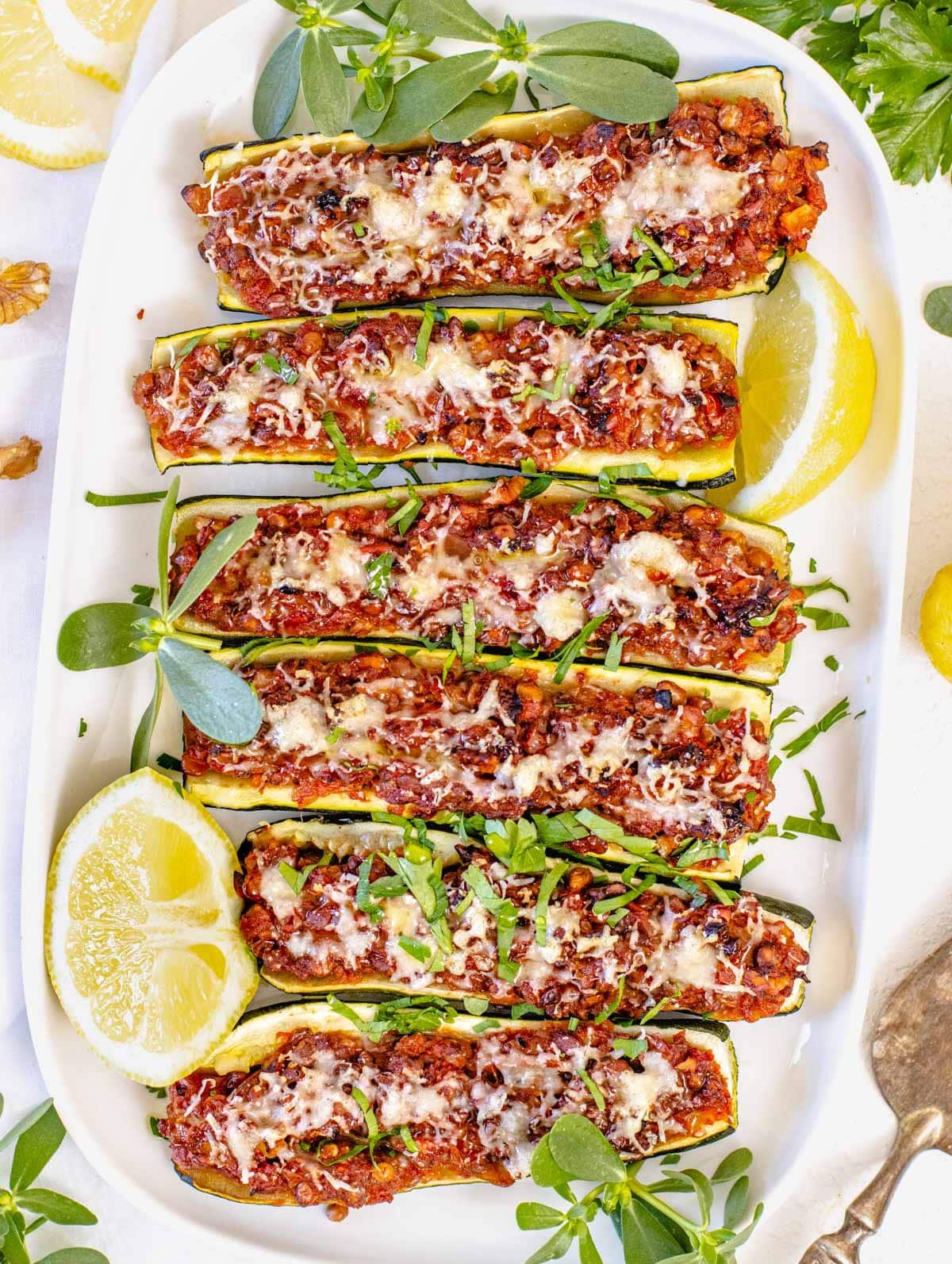 zucchini boats on a serving platter