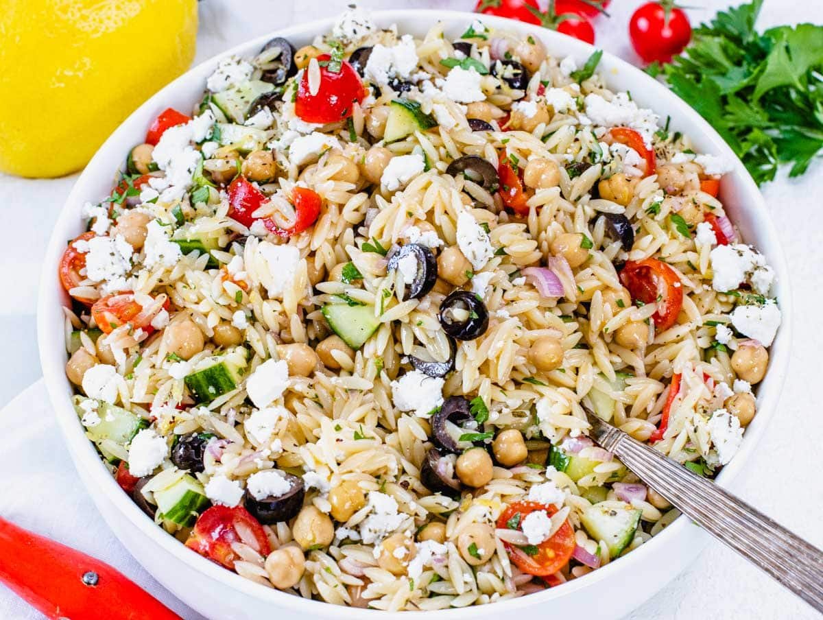 Orzo salad with lemon and crumbled feta