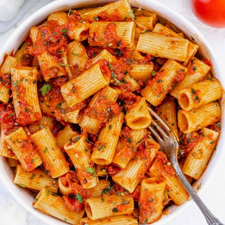 rigatoni arrabbiata on a plate