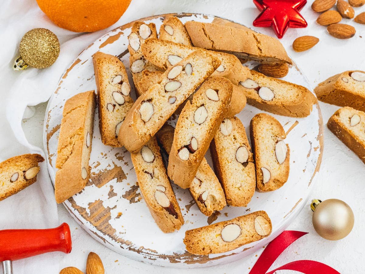 Almond Biscotti with orange and almonds on the side