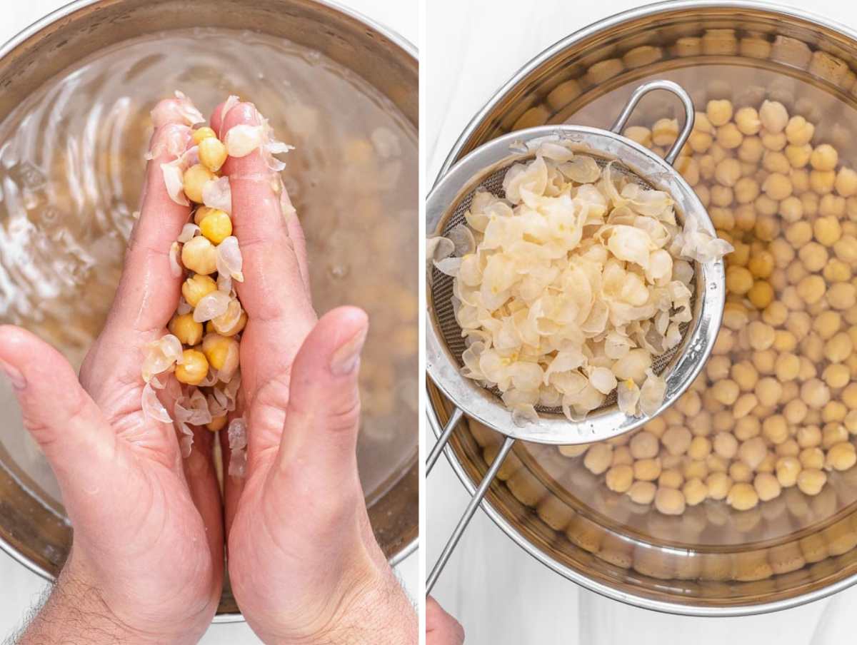 discarding the skins of chickpeas