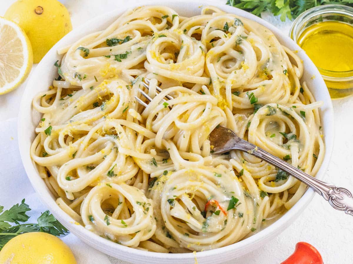 Lemon Pasta Recipe in a bowl with a fork