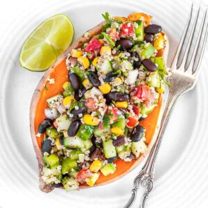 Microwave sweet potato with quinoa and black beans