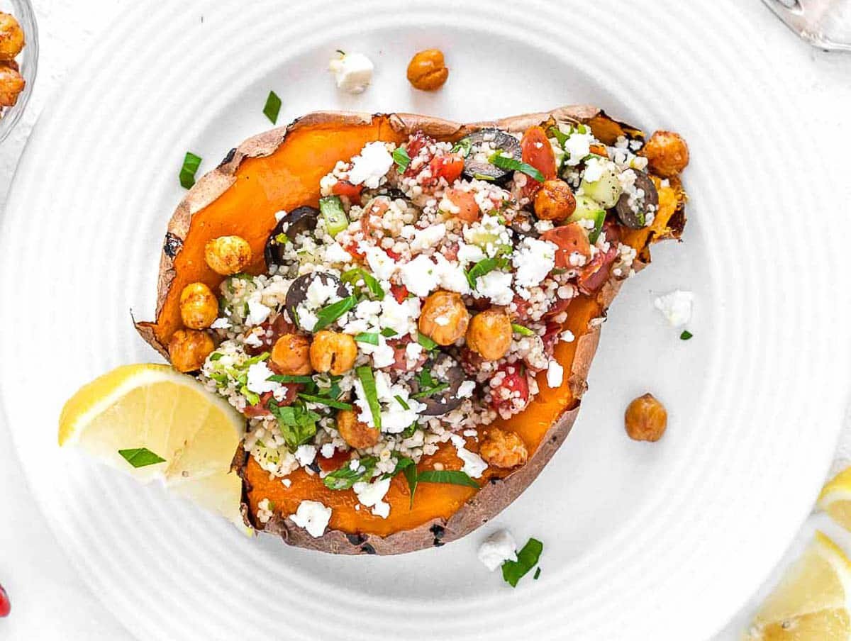 Microwave sweet potato with chickpea topping