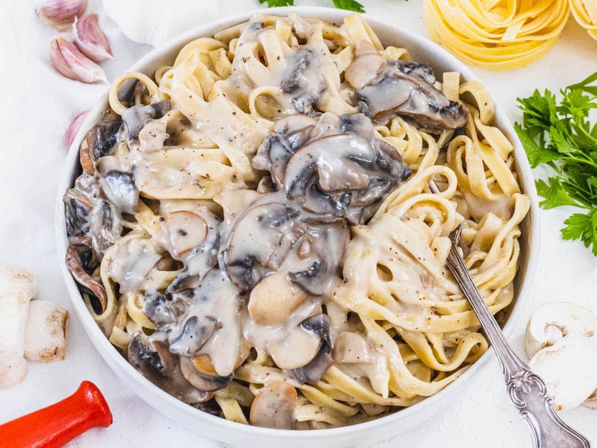 Fettuccine Mushroom Alfredo in a bowl