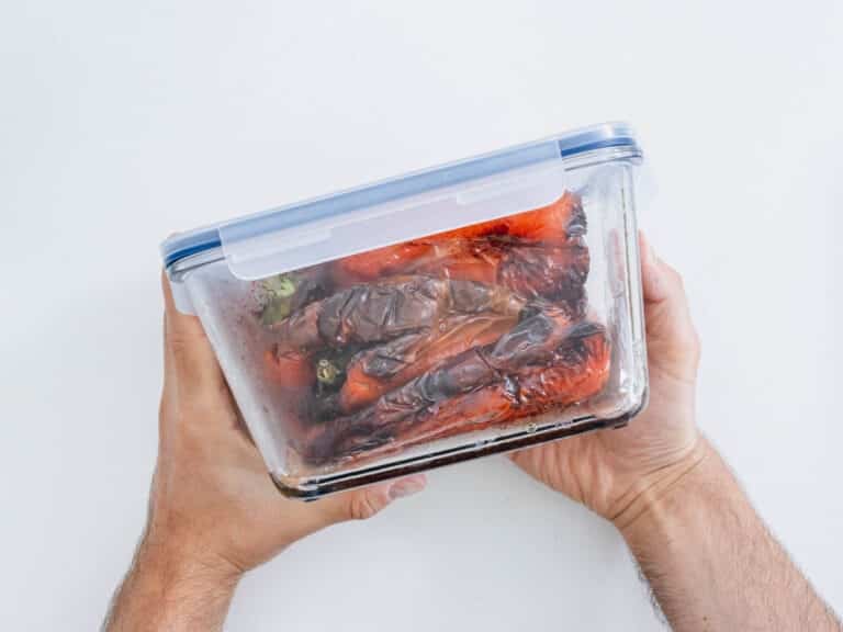 Roasted bell peppers in an air tight container
