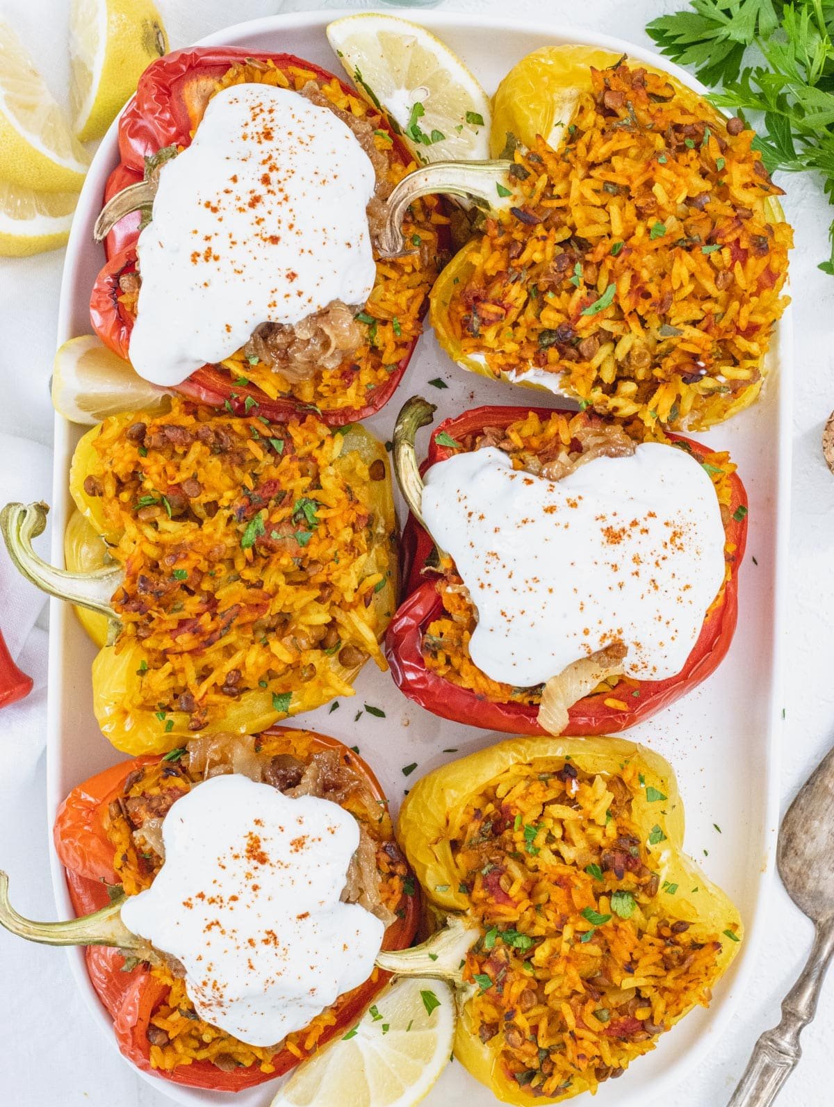 stuffed bell peppers topped with caramelized onions and yogurt
