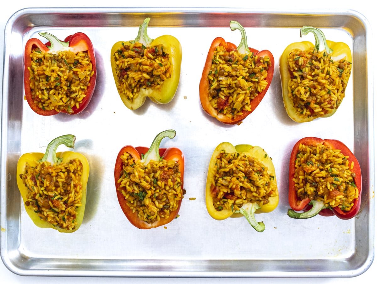 stuffed peppers on a baking tray