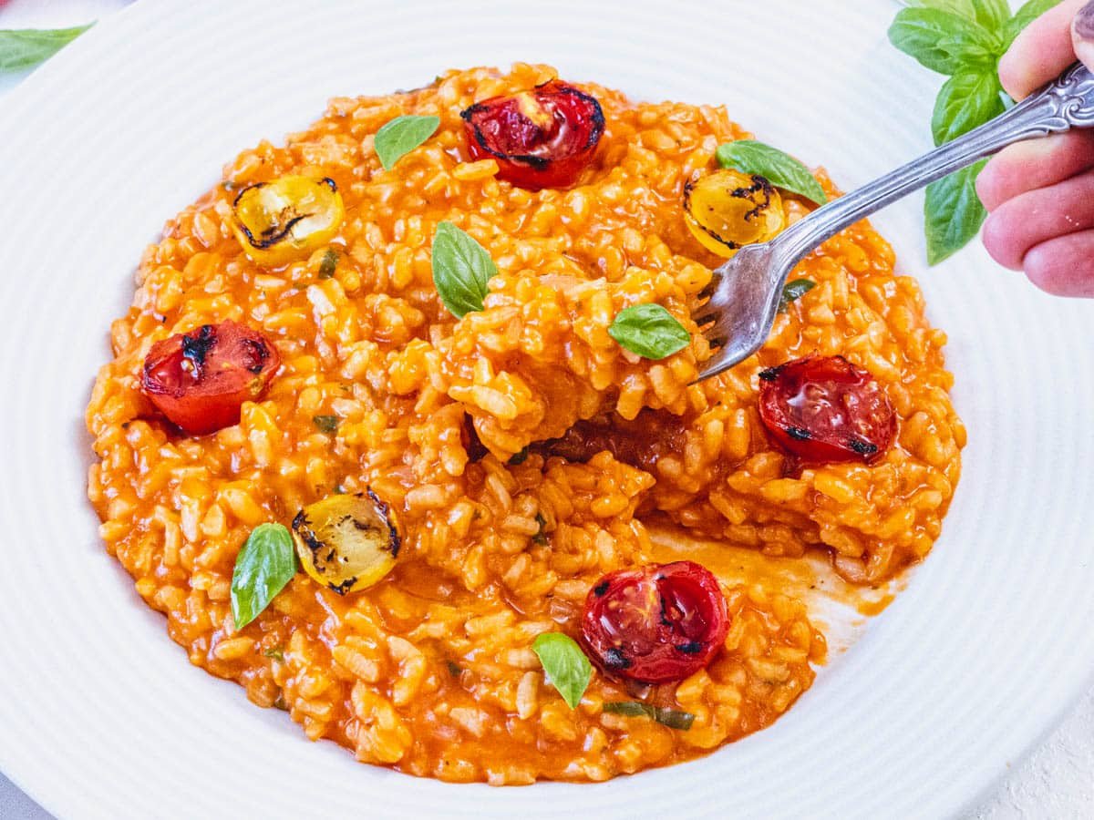 Tomato risotto with charred cherry tomatoes and a fork