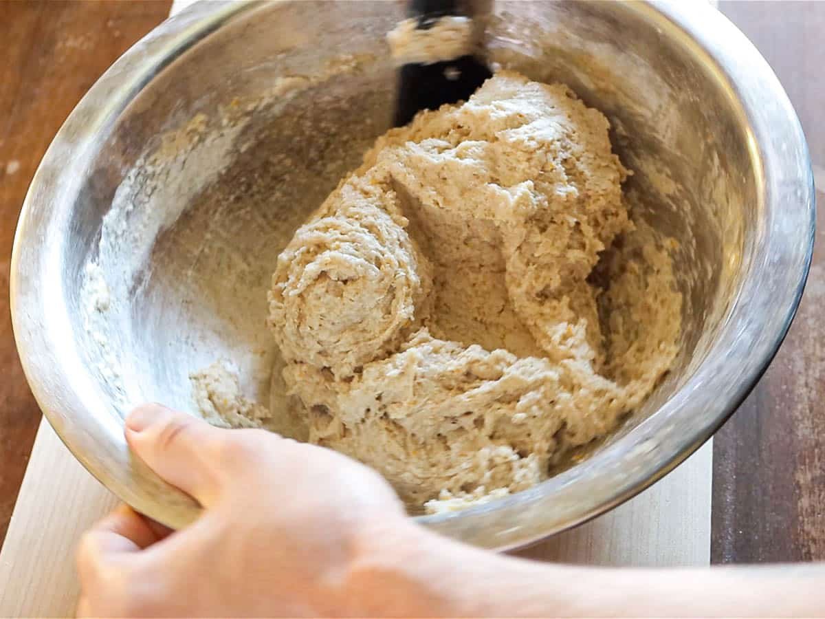 Vegan brioche dough in a bowl