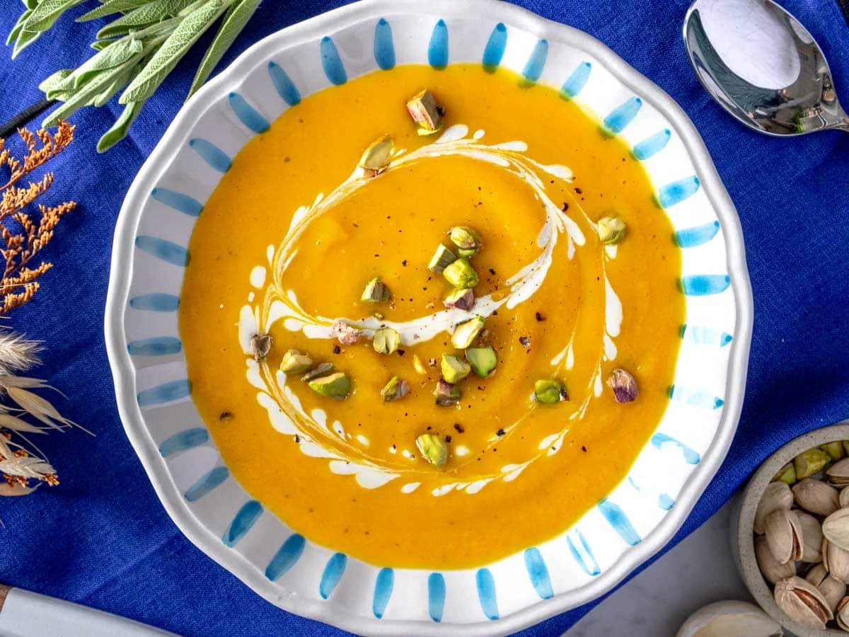 Butternut squash soup in a hand-made bowl.