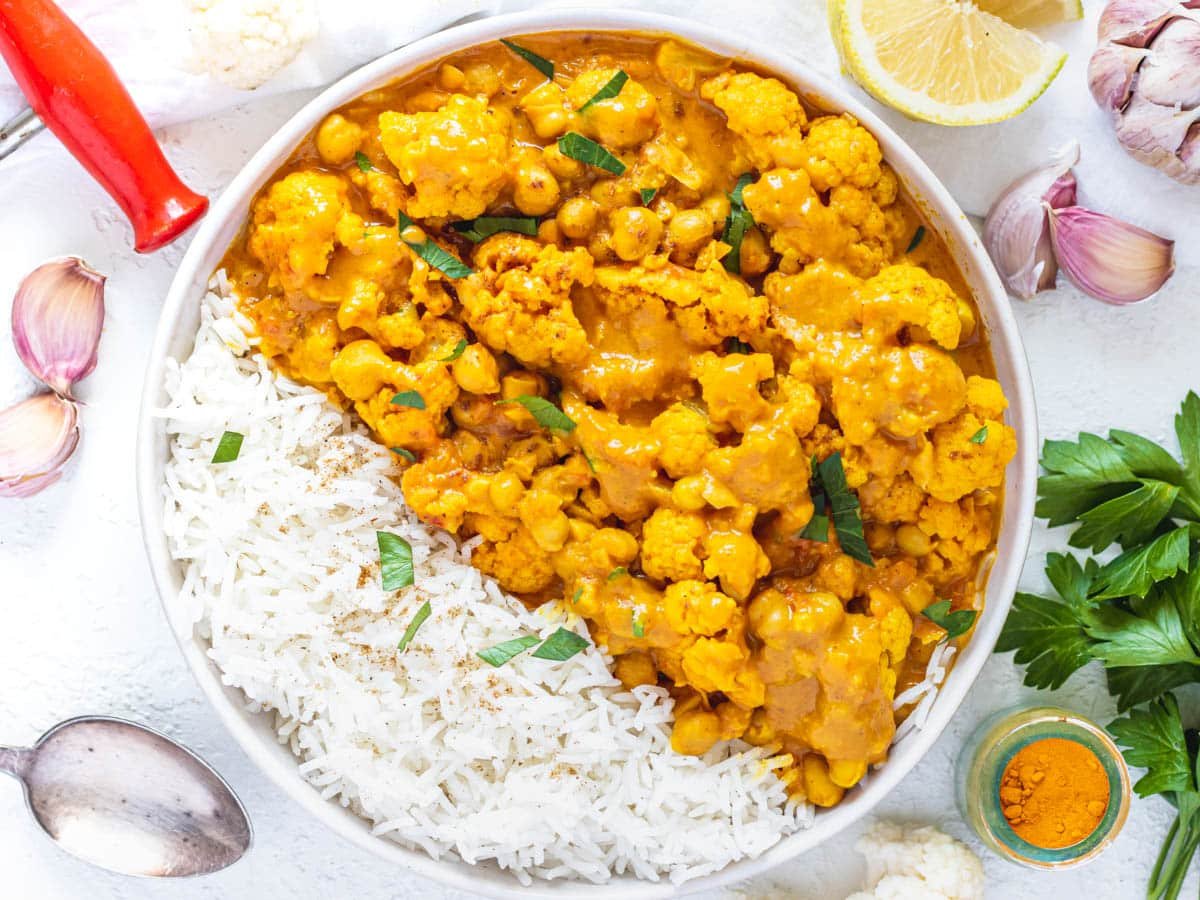 Cauliflower Curry in a bowl with basmati rice