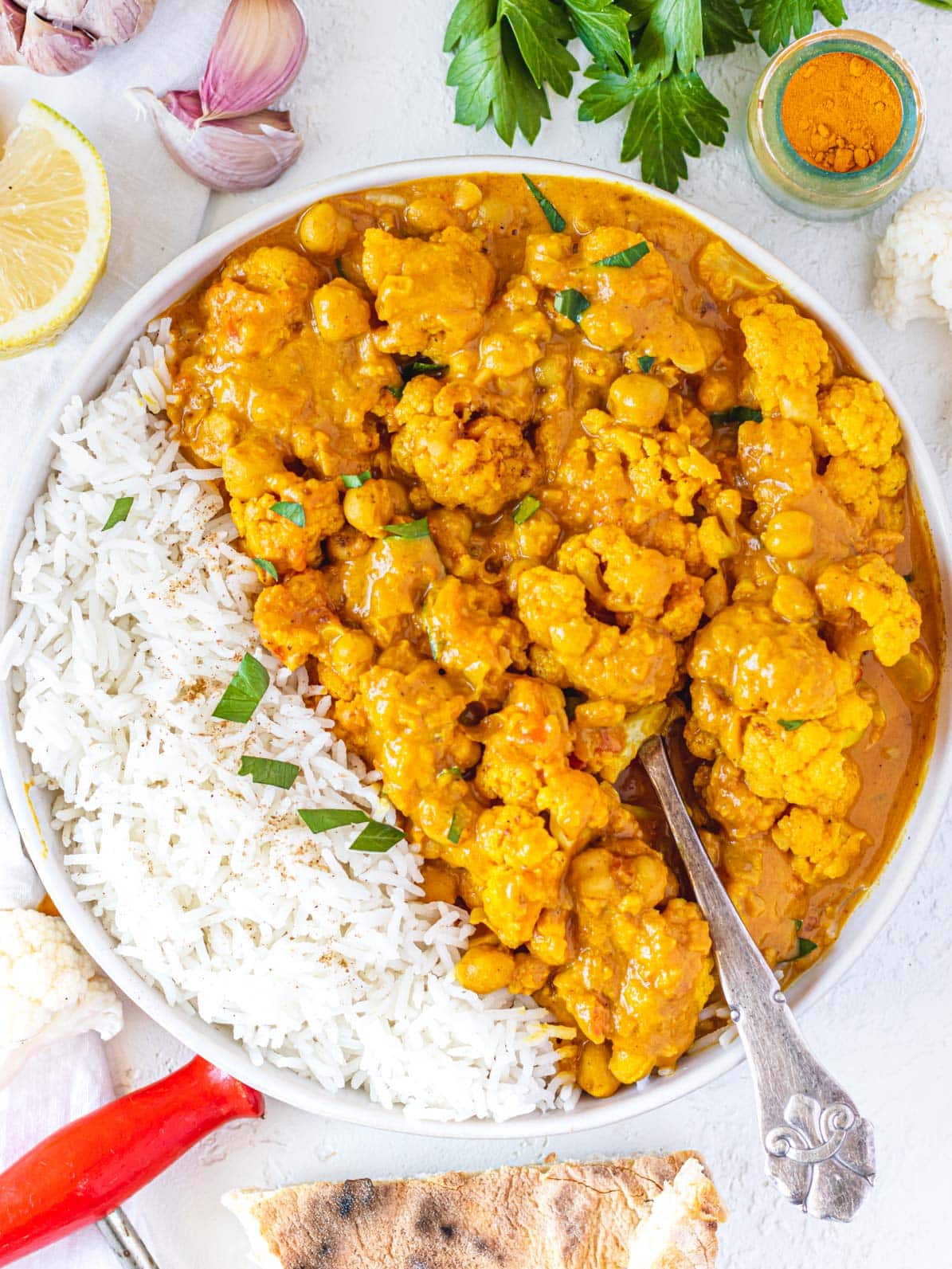 Cauliflower Curry with a silver spoon
