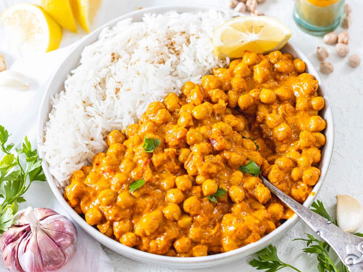 Chickpea Curry with a spoon and rice