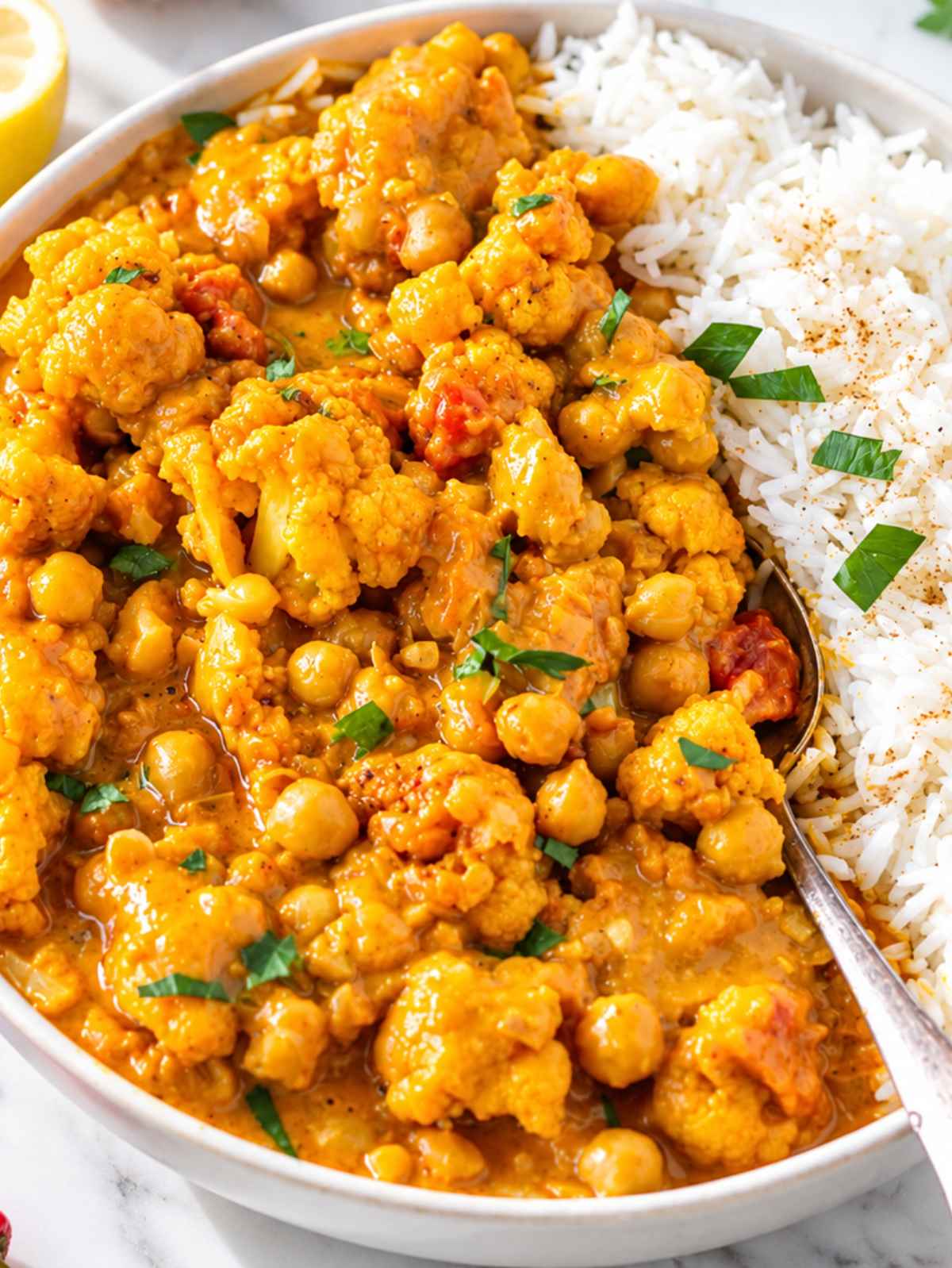 Close-up of glossy cauliflower and chickpeas coated in creamy curry sauce
