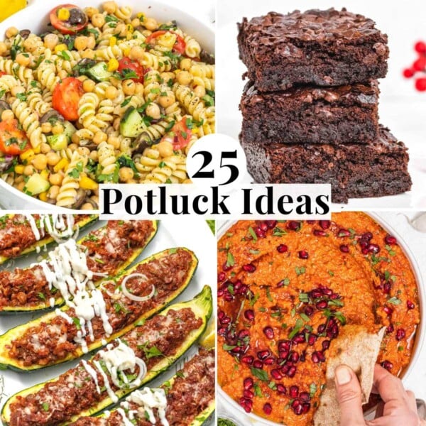 Easy Potluck Ideas with pasta salad, dips and desserts