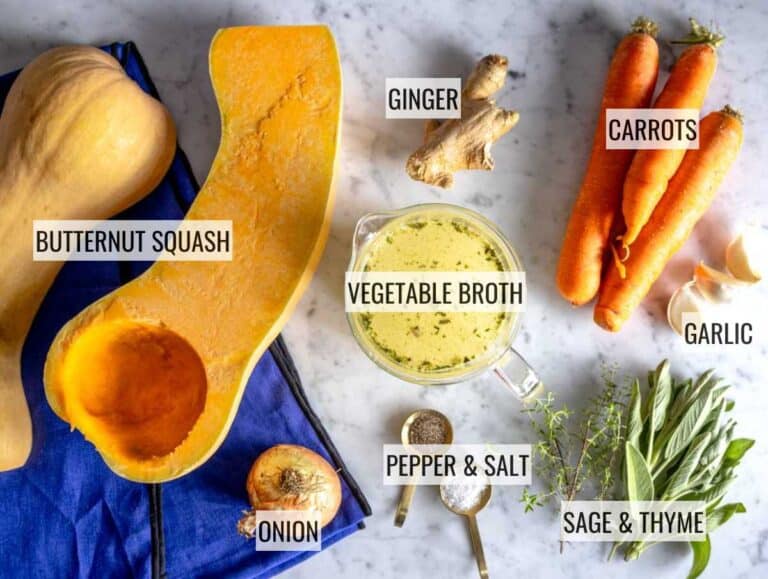 butternut squash soup ingredients on wooden board