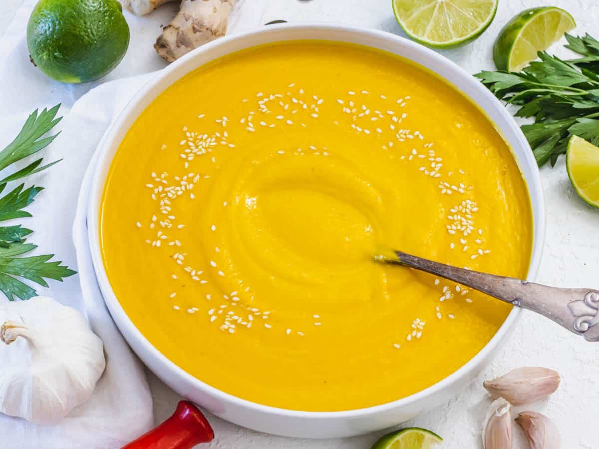 Kabocha squash soup in a white bowl