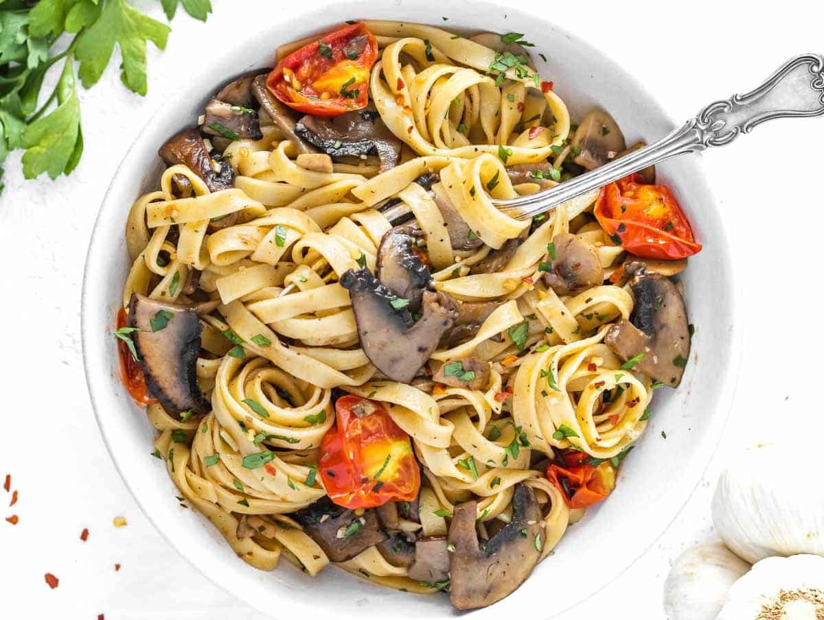 Mushroom Pasta with a silver fork