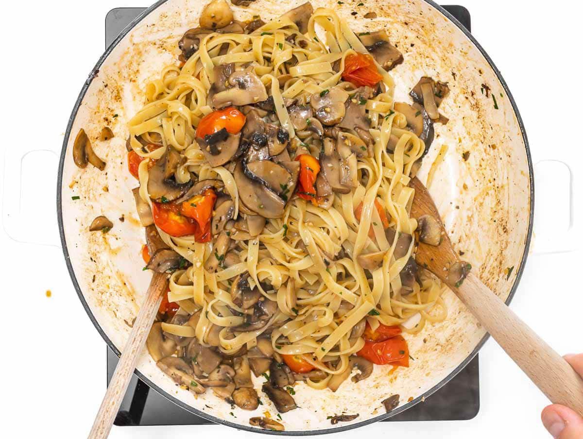 vegan mushroom pasta in a skillet