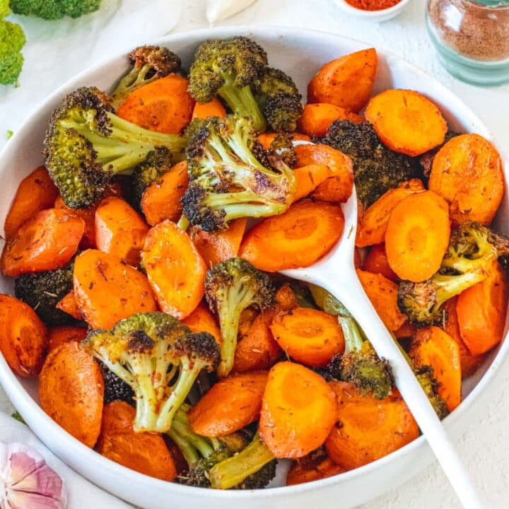 roasted broccoli and carrots in a bowl