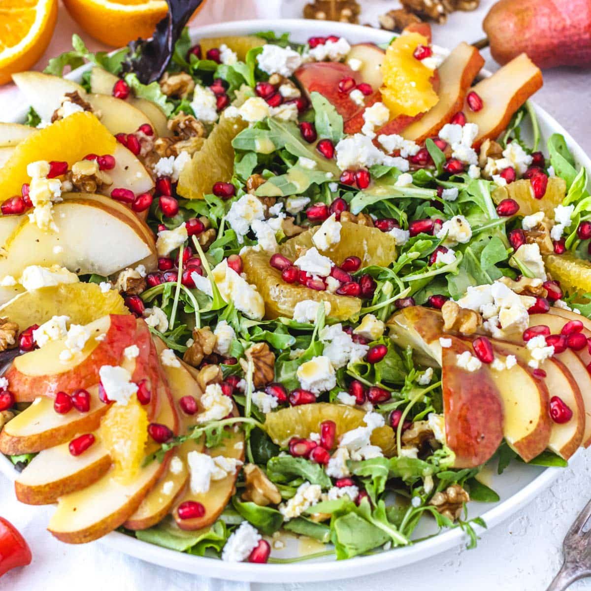 pear salad with feta, oranges, and walnuts