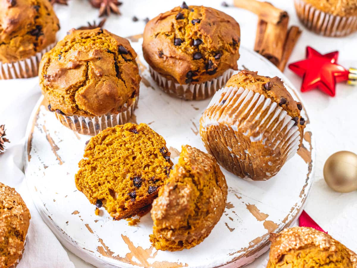 Pumpkin Muffins with chocolate chips and sugar topping