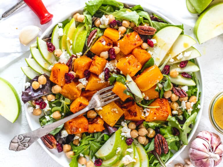butternut squash salad with a silver fork