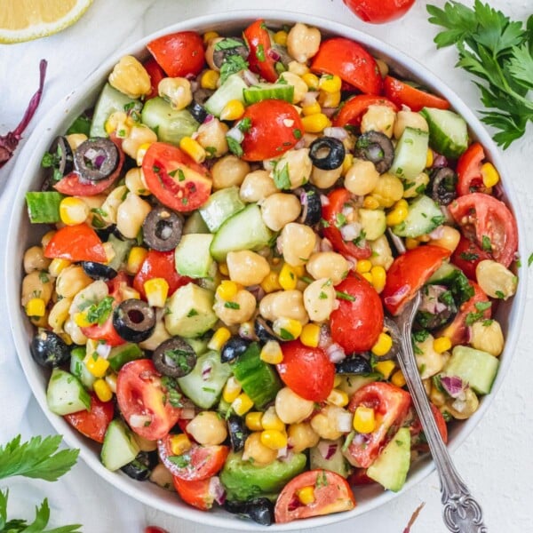 chickpea salad with a fork