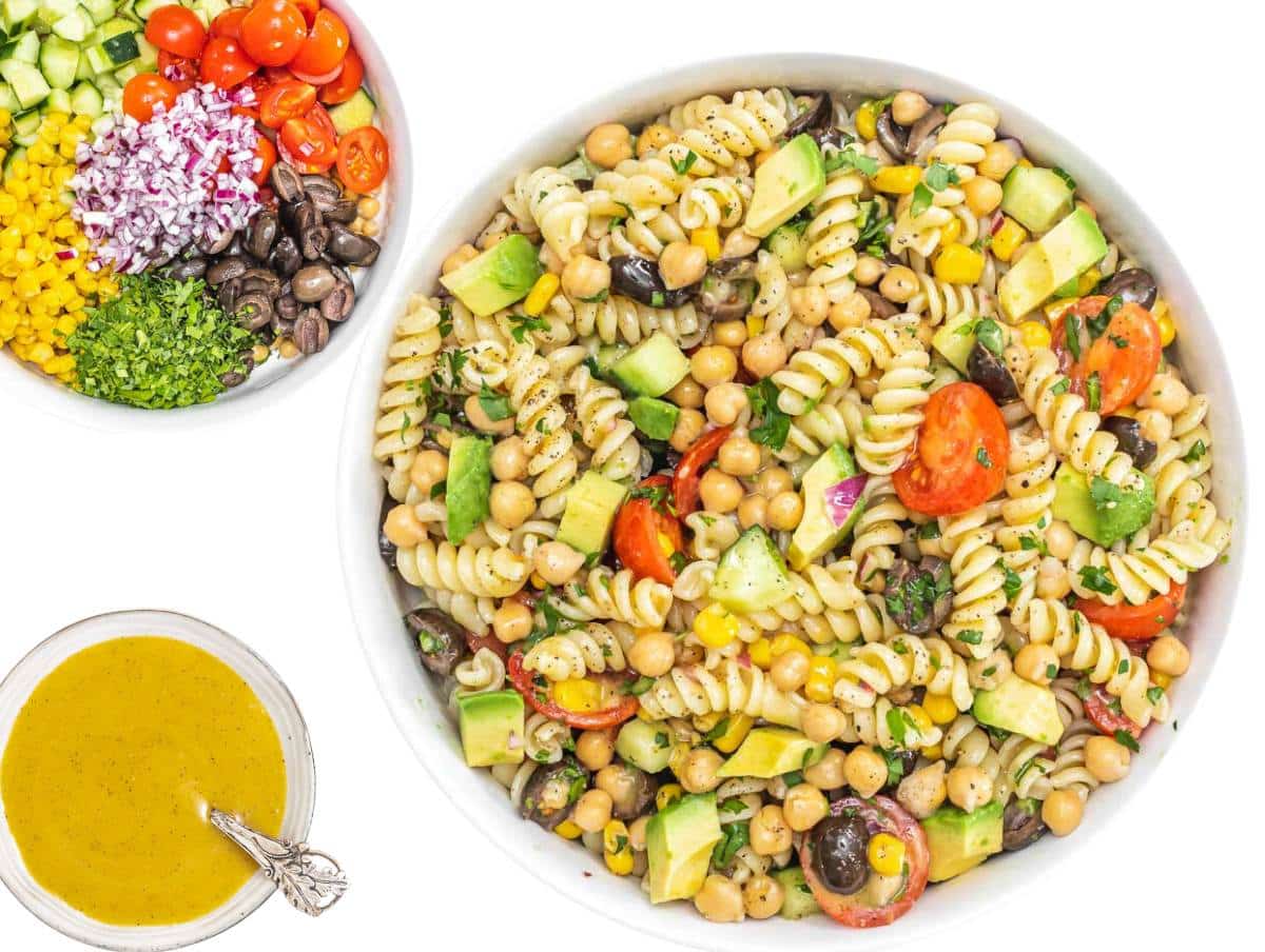 meal prep elements for chickpea pasta salad