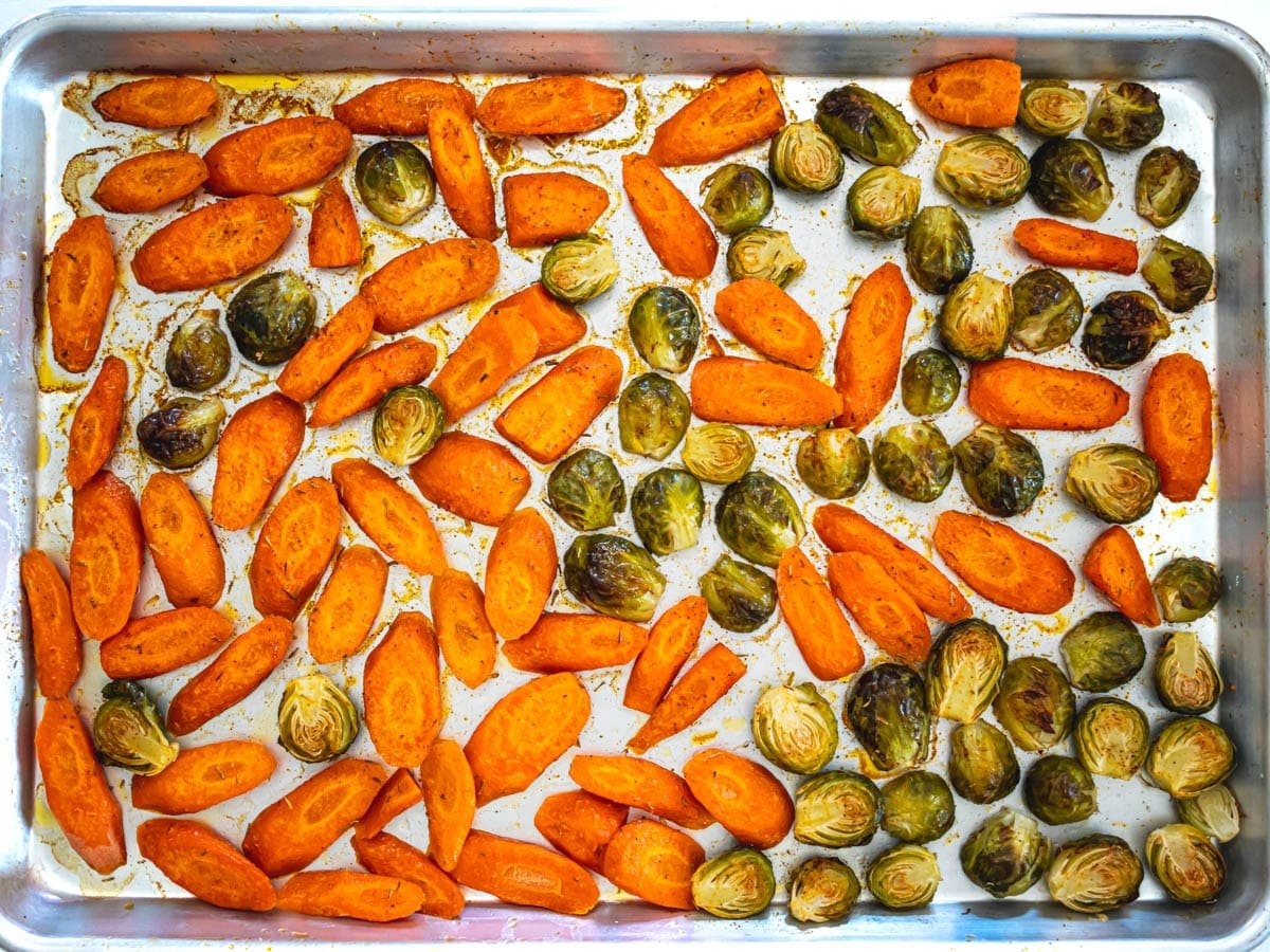 roasted carrots and brussels sprouts after baking