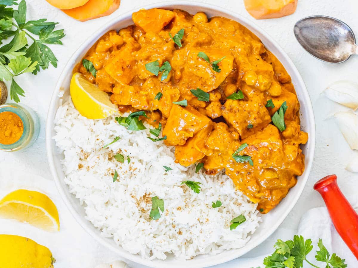 sweet potato curry with rice and a lemon
