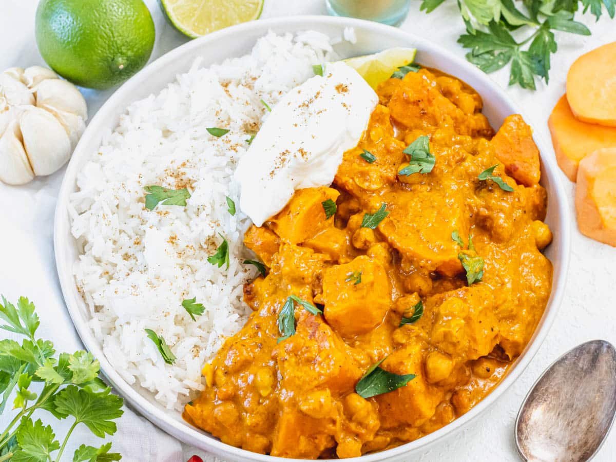 sweet potato curry with white rice and yogurt