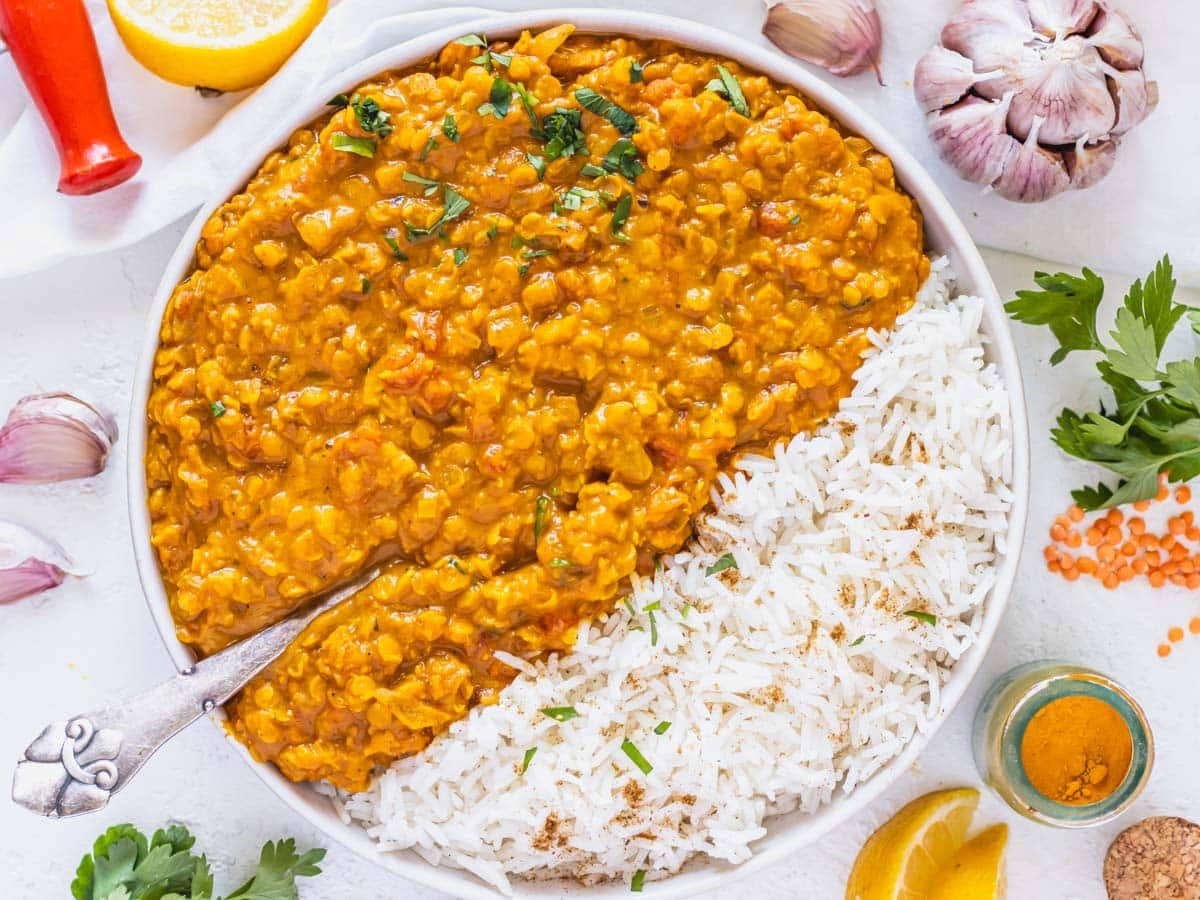 Lentil curry with rice and fresh cilantro