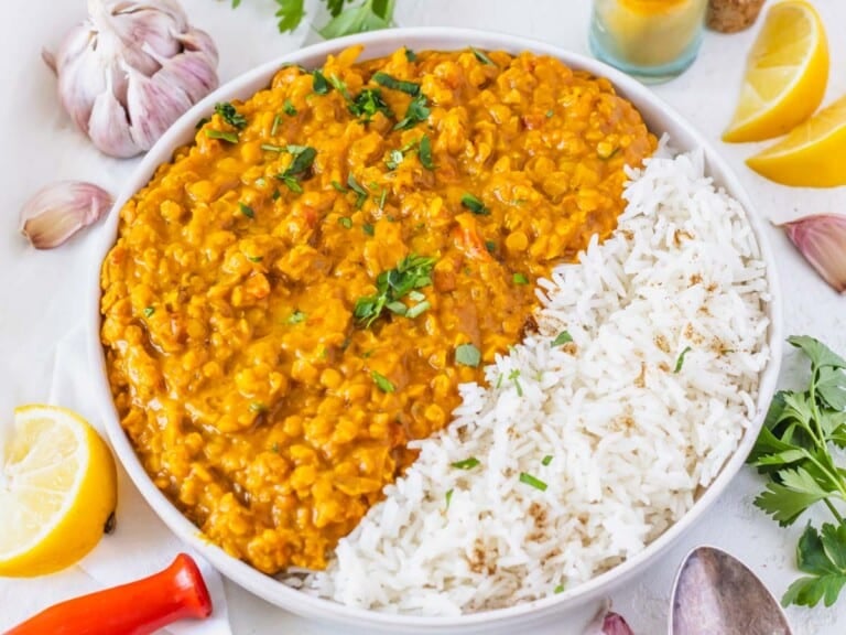 Lentil curry with basmati rice and cilantro